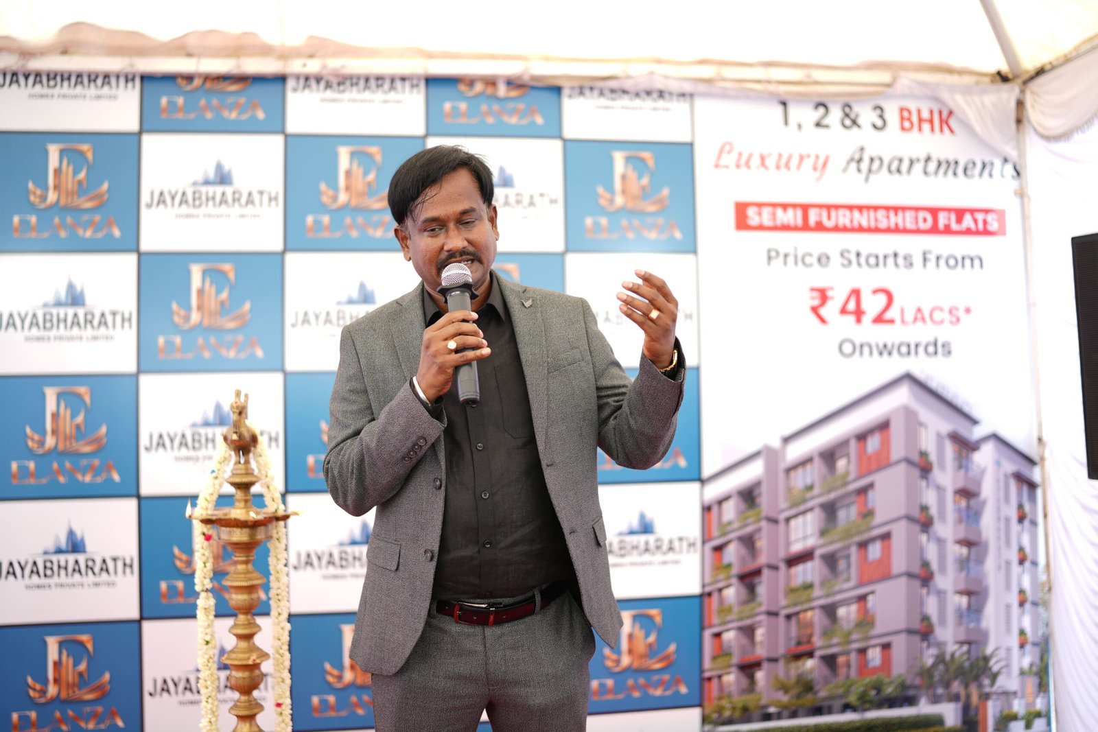 Famous person in Madurai, Jayakumar Jayabharath, delivering a speech as Founder & Managing Director of Jayabharath Homes.