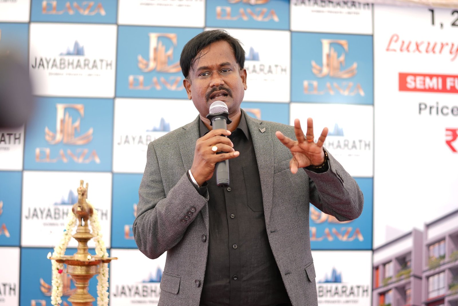 Famous person in Madurai, Jayakumar Jayabharath, delivering a speech as Founder & Managing Director of Jayabharath Homes.