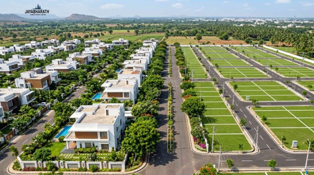 Aerial view comparing a modern gated villa community and a DTCP-approved residential plotted layout in Madurai, highlighting villas, marked plots, wide roads, landscaped greenery, and planned infrastructure for real estate investment.