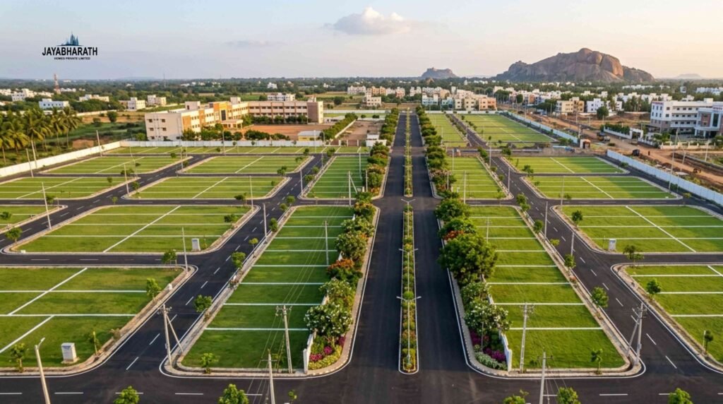 Aerial view of a DTCP-approved residential plotted layout in Madurai featuring wide roads, marked plots, landscaped streets, modern infrastructure, and a well-planned suburban environment.