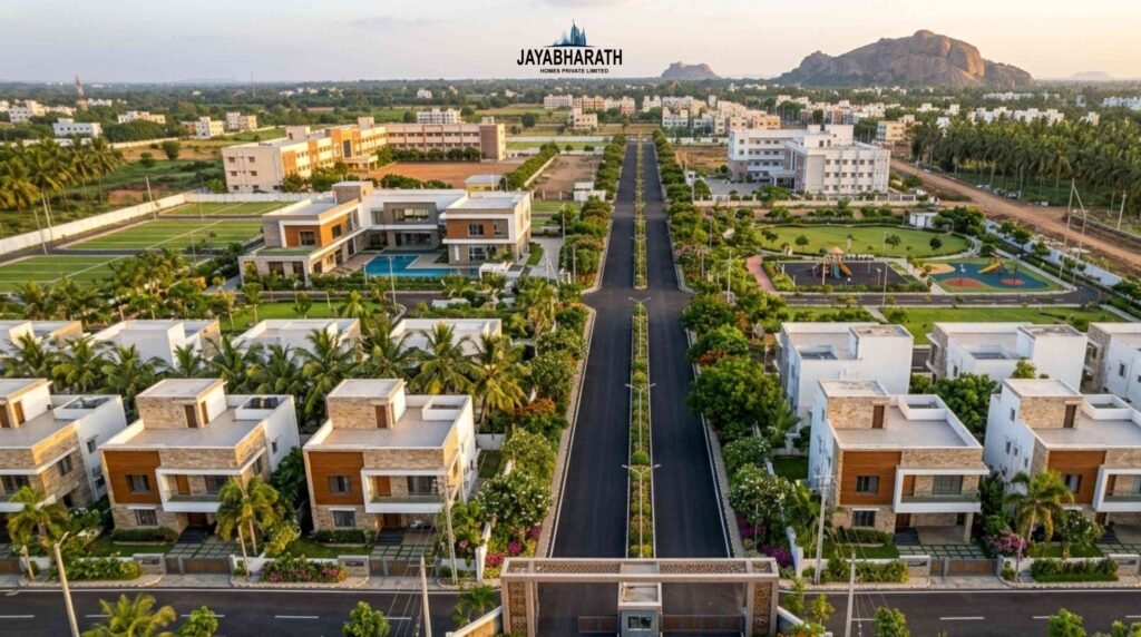 Modern luxury villa in a premium gated community in Madurai with landscaped gardens, clubhouse, children's play area, and contemporary architecture designed for comfortable family living.