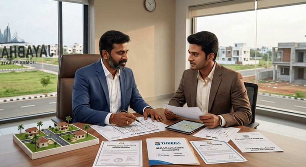 Property advisor explaining DTCP and RERA approval documents to a buyer during a real estate consultation with layout plans, certificates, and property documents on the table.