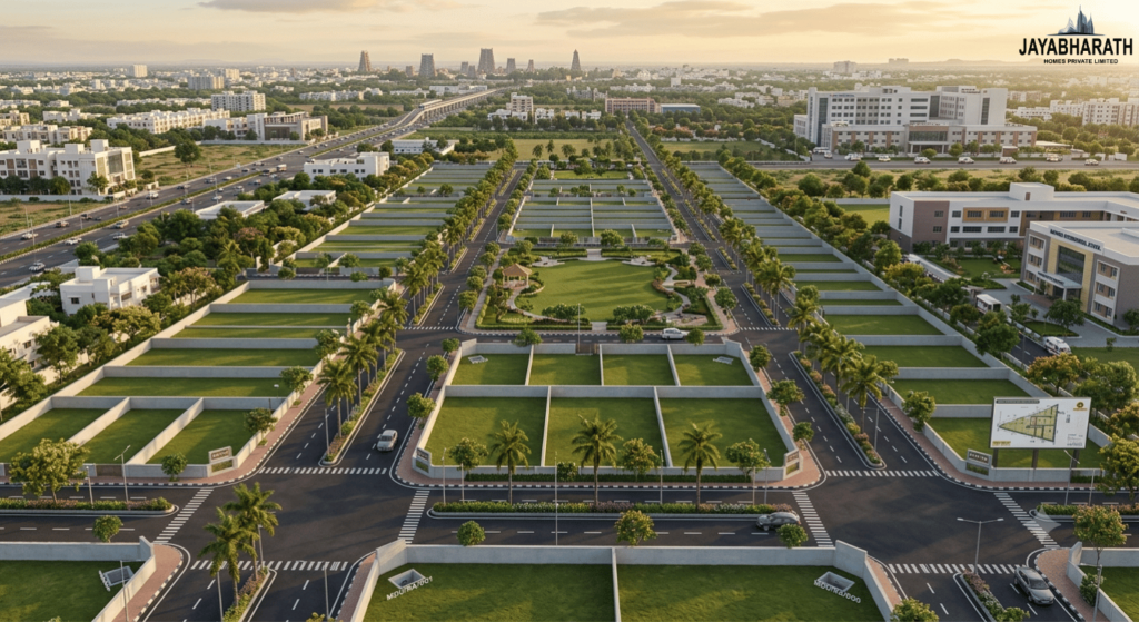 Drone view of a DTCP-approved residential plotted layout in Madurai featuring marked plots, wide roads, landscaped avenues, streetlights, green spaces, and modern infrastructure development.