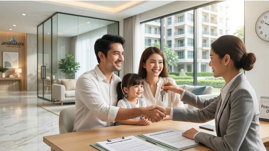 Family receiving apartment keys after timely project completion, representing RERA's protection for homebuyers through on-time possession and compensation for delays.