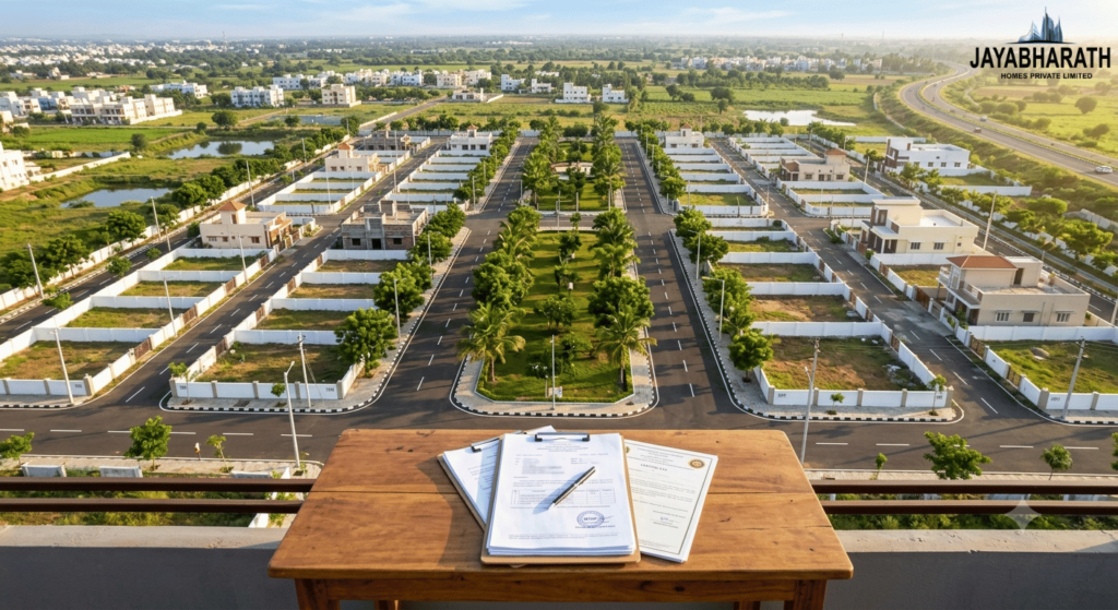 Aerial view of a DTCP-approved residential plotted layout in Madurai with planned roads, landscaped greenery, marked plots, and property documents representing RERA compliance and legal investment security.