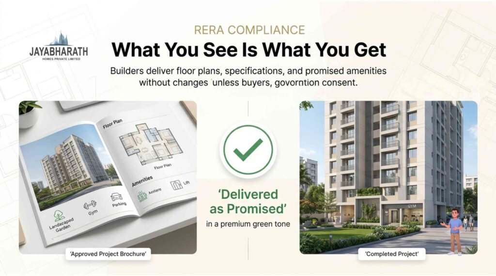 A homebuyer comparing a property's brochure with the completed apartment, highlighting RERA's protection against unauthorized changes to plans and promised amenities.