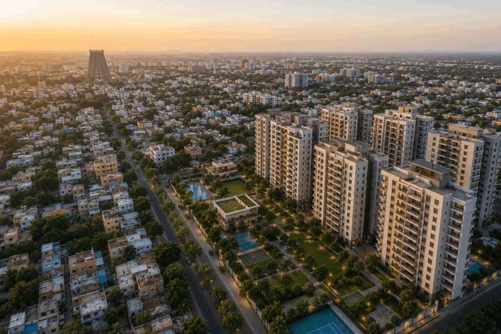 Aerial view of Madurai showing modern apartment communities alongside independent houses, expanding roads, green spaces, and growing urban infrastructure.