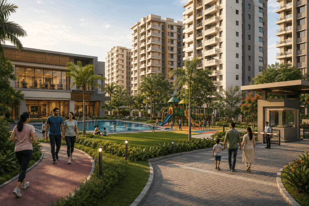 Modern apartment community in Madurai with landscaped gardens, clubhouse, swimming pool, children's play area, walking paths, security entrance, and residents enjoying shared amenities.