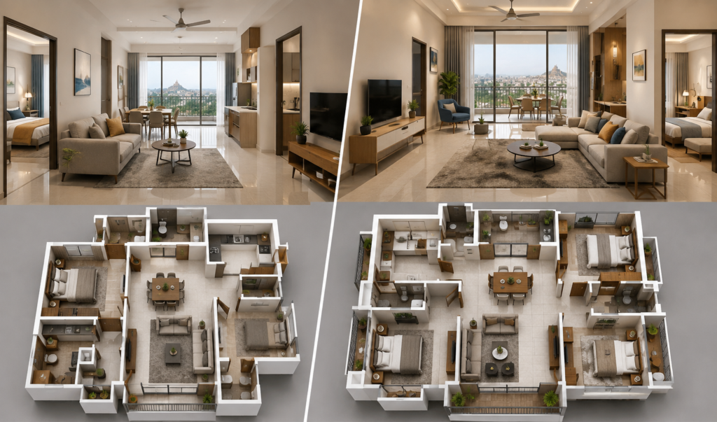 Split-view of modern 2 BHK and 3 BHK apartments comparing living spaces, bedrooms, dining areas, and overall room size in contemporary Indian homes.