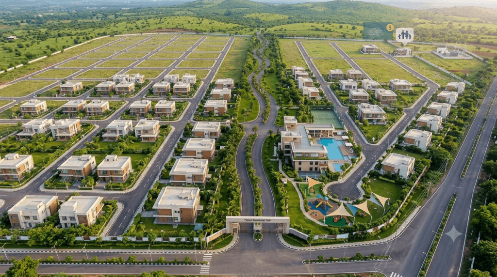 Drone view of a professionally developed residential plotted layout with marked plots, wide roads, landscaped avenues, streetlights, drainage, and modern infrastructure in Madurai.