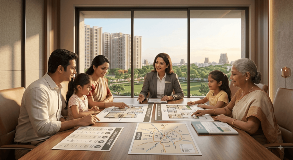 Young Indian family comparing apartment and independent-house floor plans with a real estate advisor during a property consultation in Madurai.