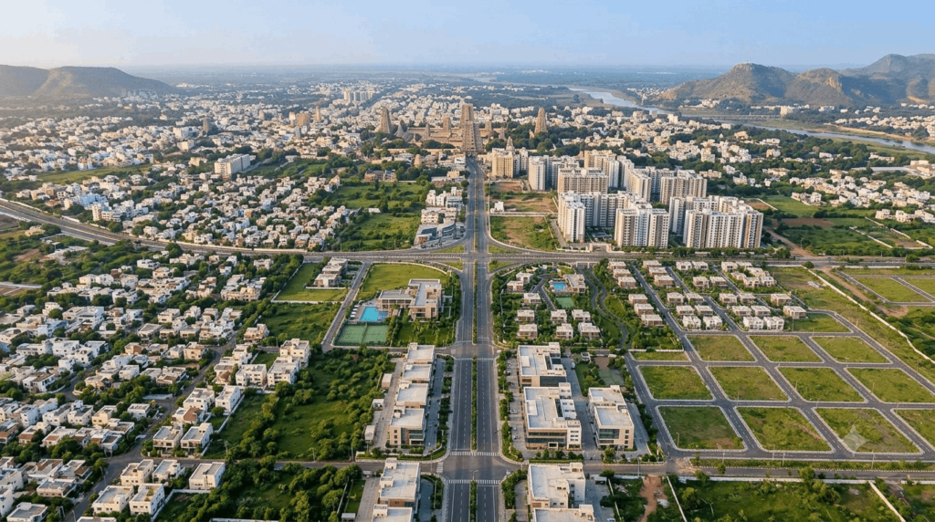 Panoramic aerial view of Madurai featuring established residential neighborhoods, modern apartments, gated villa communities, major roads, and expanding urban infrastructure.