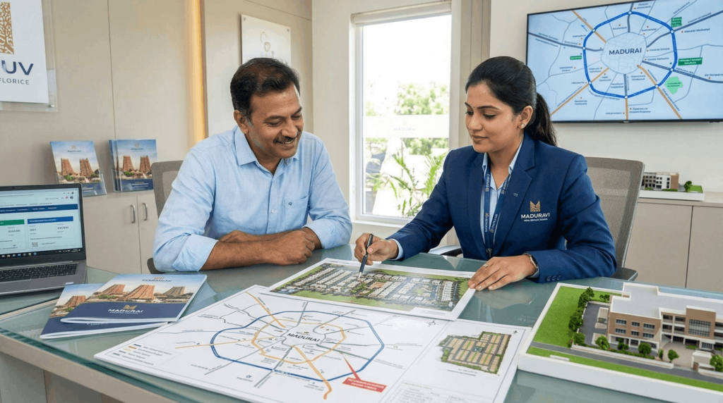 Prospective homebuyer reviewing city maps, residential layout plans, and property brochures with a real estate advisor in a modern sales office in Madurai.