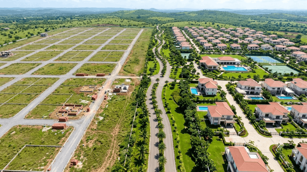 Split aerial view comparing a residential plotted layout and a premium gated villa community with landscaped roads and green spaces, highlighting two popular real estate investment options in Madurai.