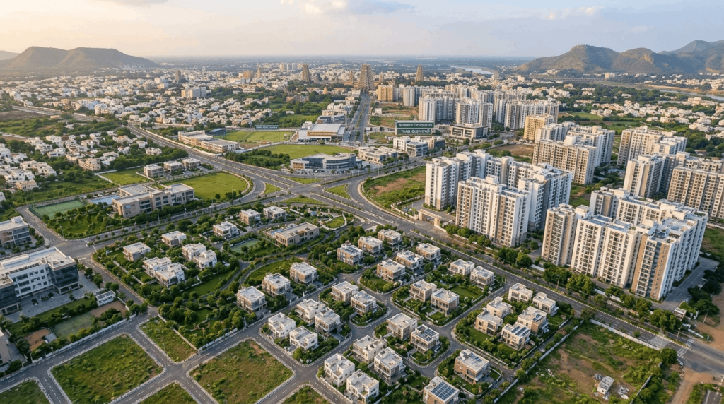 Drone view of a well-planned residential neighborhood in Madurai featuring modern apartments, gated villa communities, landscaped roads, green spaces, and commercial infrastructure.