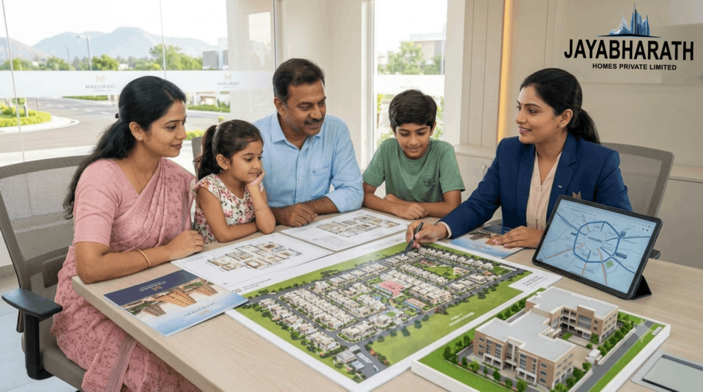 Family meeting with a real estate advisor to review floor plans, community layouts, and home options while planning a property purchase.