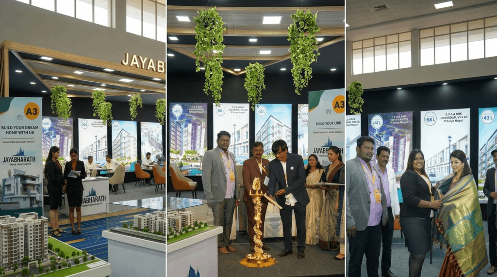 Real estate exhibition at Tamukkam Convention Centre in Madurai featuring property stalls, apartment and villa displays, plotted layouts, and visitors exploring projects.