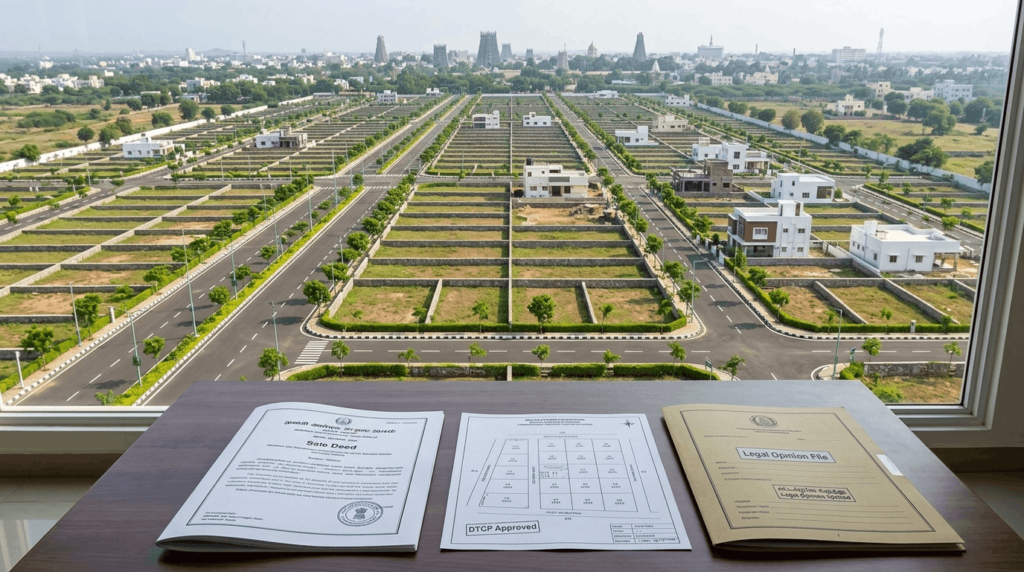 Aerial view of a planned residential plotted layout in Madurai with wide roads, drainage, streetlights, greenery, and property documents representing verified land ownership.