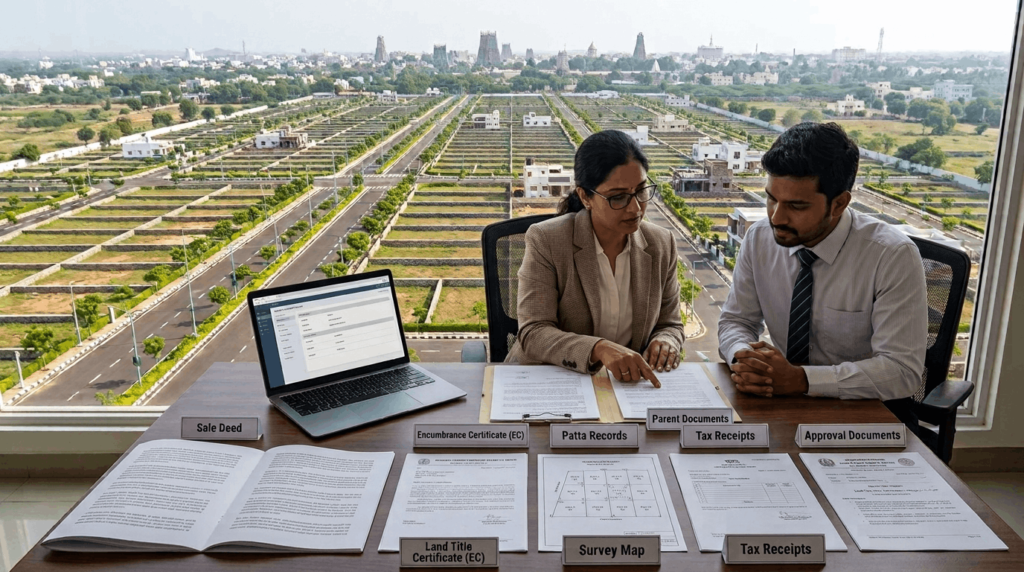 Property advisor reviewing a sale deed, Encumbrance Certificate, patta records, survey map, tax receipts, and approval documents with a prospective plot buyer.