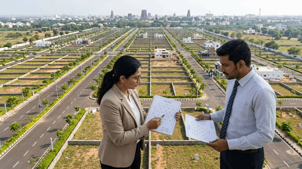Prospective land buyer reviewing a residential layout map with a property advisor at a planned plot development while checking site boundaries and infrastructure.