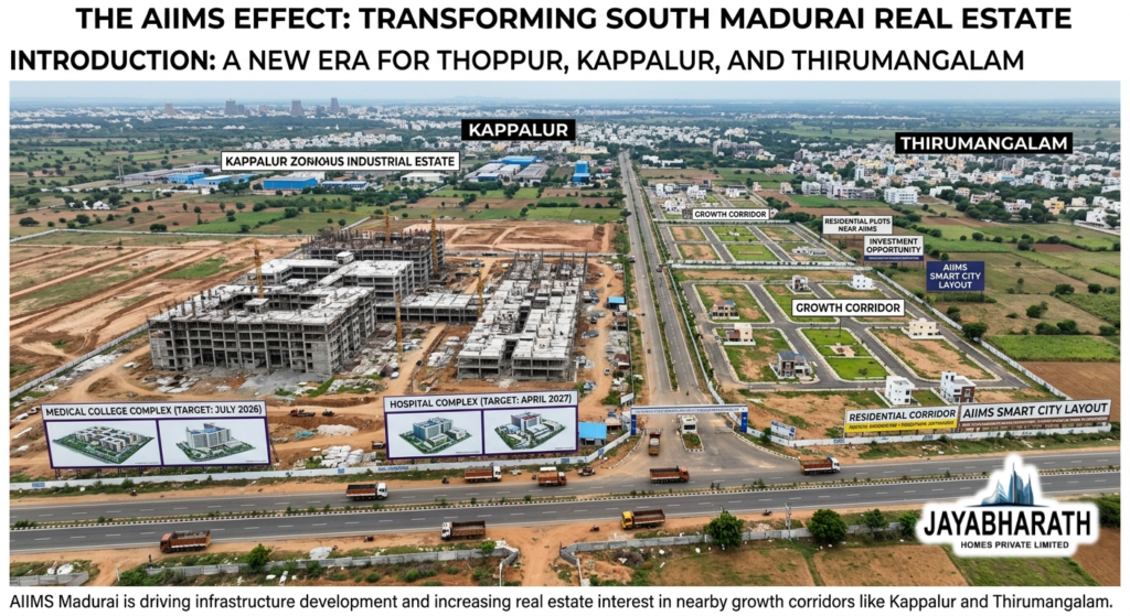 Aerial view of the AIIMS Madurai campus under development with nearby highways, residential layouts, and expanding infrastructure in the Kappalur and Thirumangalam growth corridor.