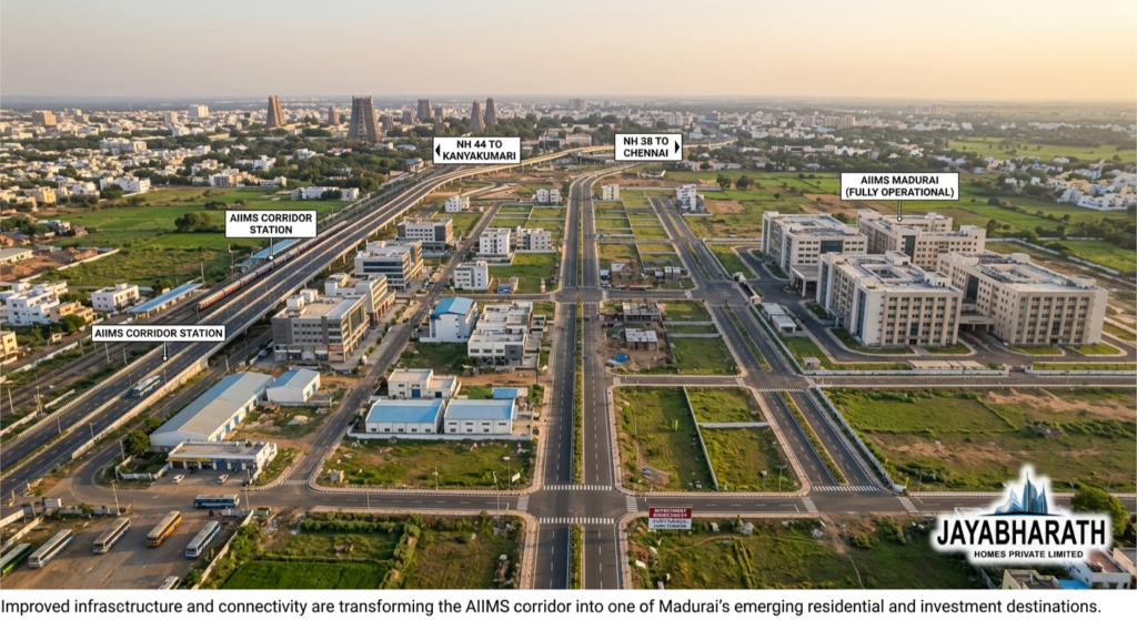 Drone view of developing residential layouts near AIIMS Madurai featuring newly laid roads, plotted developments, commercial buildings, and improved connectivity infrastructure.