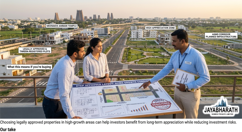 Property buyer reviewing a plotted layout map with a real estate advisor while analyzing a developing residential area near AIIMS Madurai for a secure investment decision.