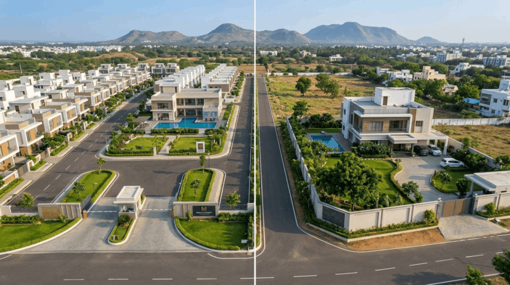 Split aerial view comparing a modern gated community with landscaped villas and shared amenities against a spacious independent house with a private garden, boundary wall, and driveway.