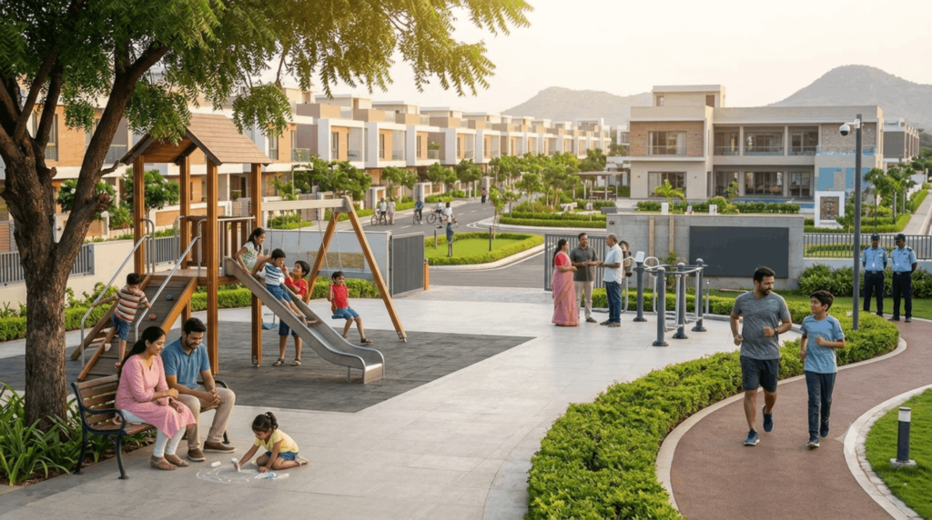 Family-friendly gated community with landscaped walkways, children's play area, clubhouse, jogging track, and modern villas creating a safe residential environment.