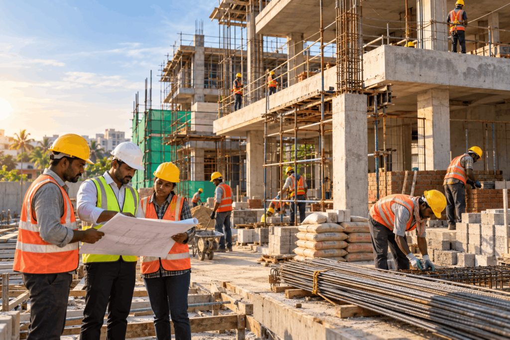 Construction workers wearing safety equipment at a residential project in Madurai