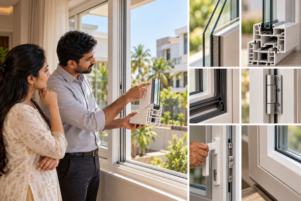 Profile construction, reinforcement, seals, hardware, glazing, and UV stability are important factors to check when choosing uPVC windows.