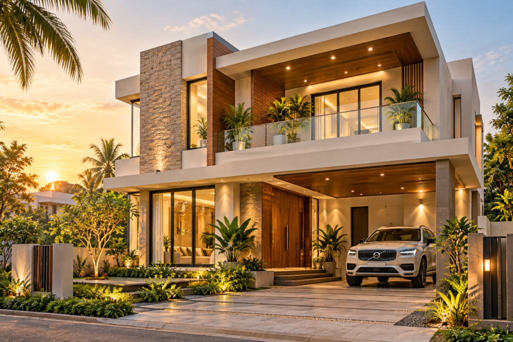 Modern villa design in Madurai featuring minimalist architecture, large windows, natural stone finishes, shaded balconies and landscaped greenery.