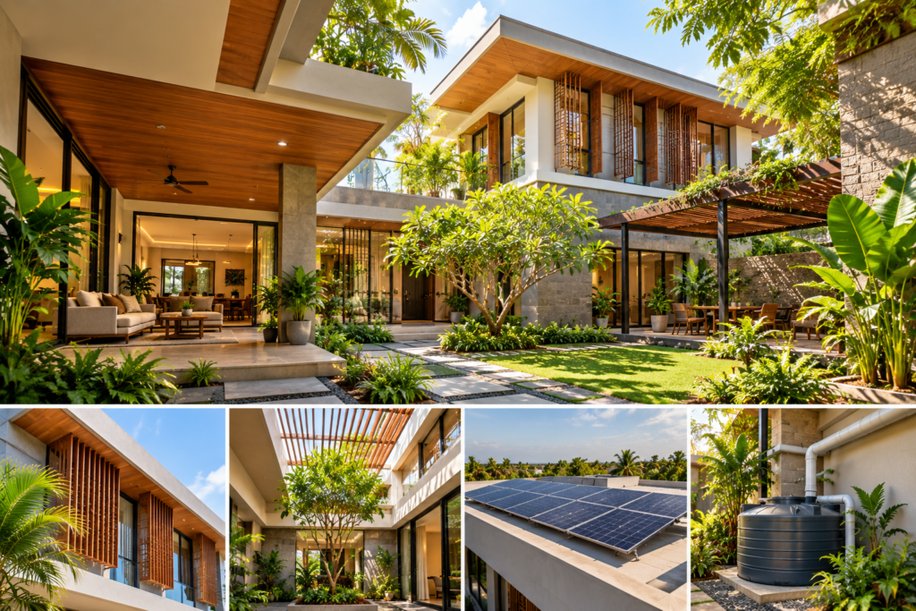Climate-responsive modern villa in Madurai with shaded windows, deep overhangs, natural ventilation, solar panels, courtyard and landscaped greenery.
