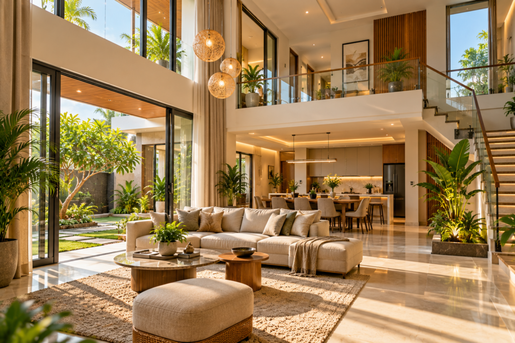Modern villa interior in Madurai with double-height living room, open-plan layout, large windows, natural light and indoor-outdoor connection.