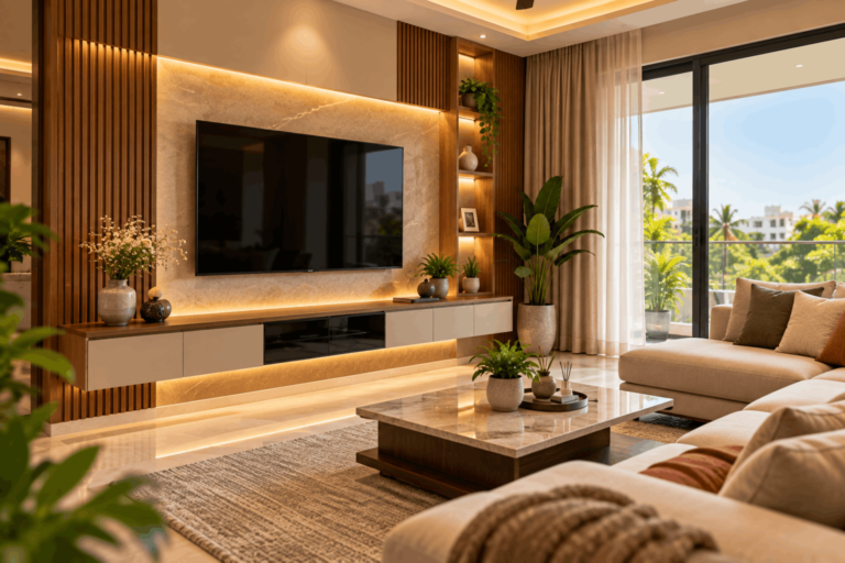 Full-wall TV cabinet design with fluted panels, storage and stone backdrop