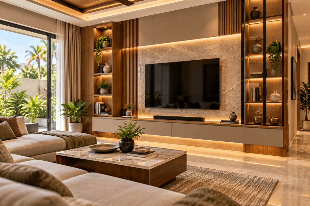 Modern TV cabinet design for living room with floating console and fluted wall panel