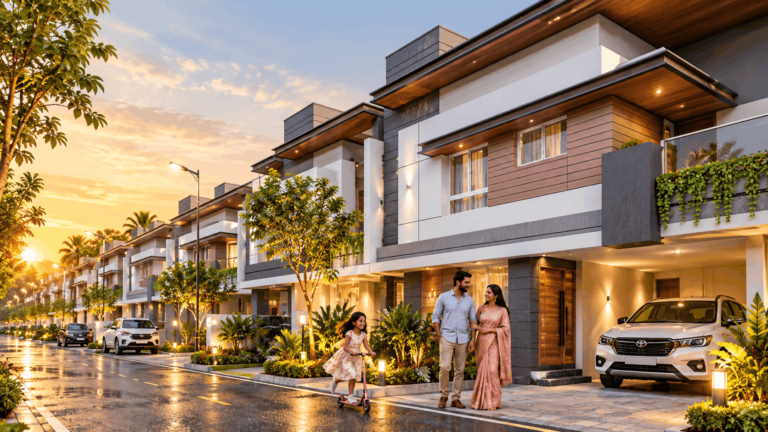 South Indian family enjoying outdoor space at a modern villa in Madurai