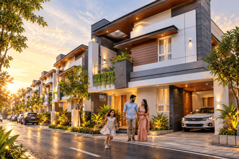 South Indian family enjoying outdoor space at a contemporary villa in Madurai