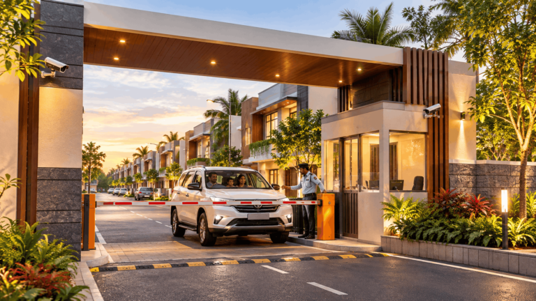Gated villa community entrance with security cabin and visitor management in Madurai