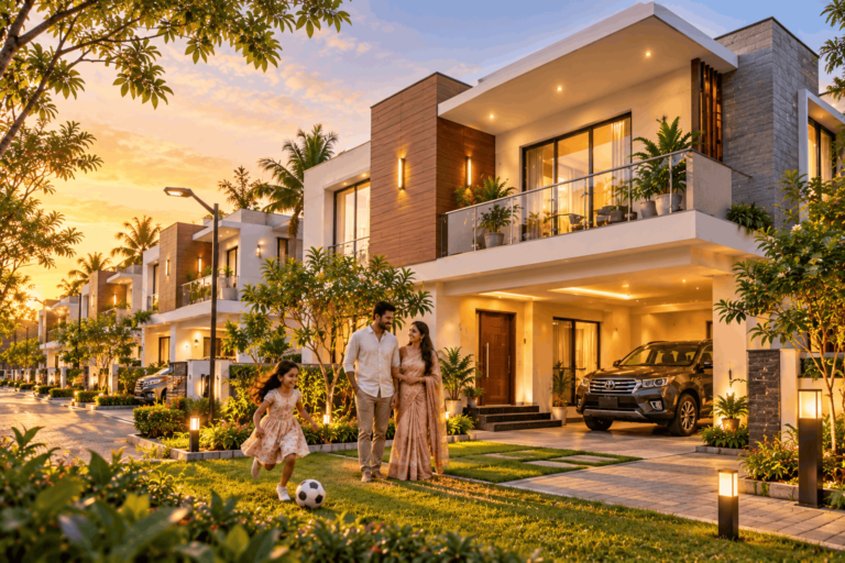 South Indian family enjoying outdoor space at a modern villa in Madurai