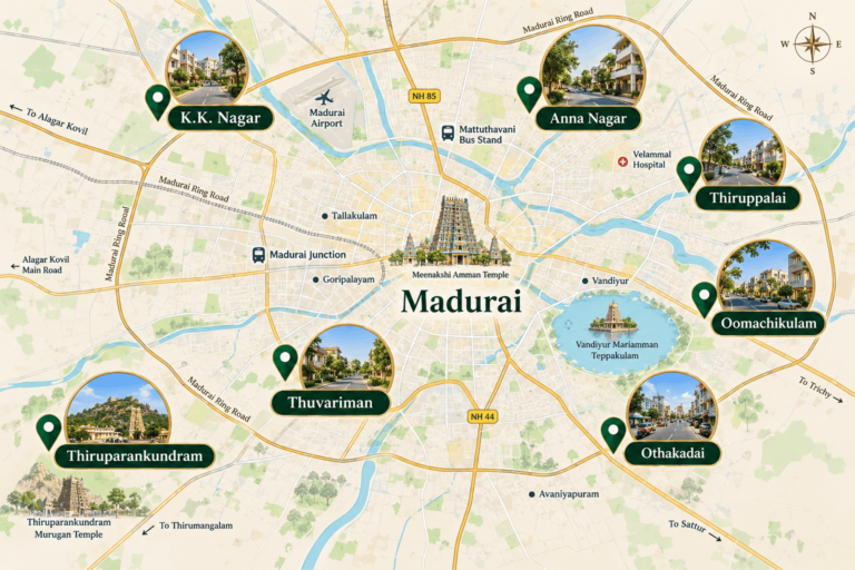Map showing popular villa locations in Madurai including Thuvariman, Othakadai and Oomachikulam