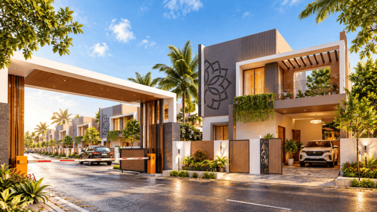Modern gated community villas in Madurai with landscaped roads and greenery