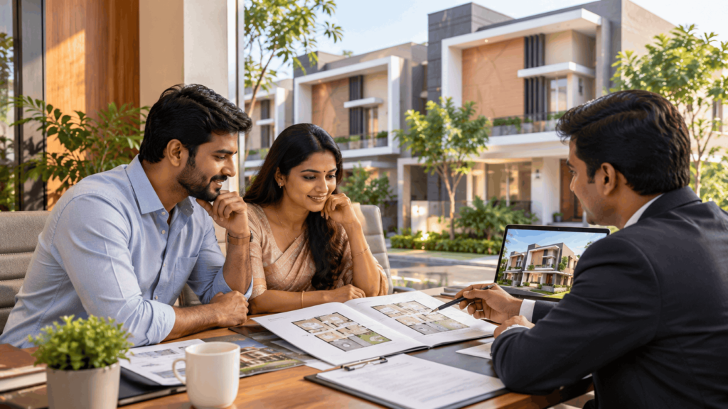 Tamil family reviewing property documents before buying villas in Madurai