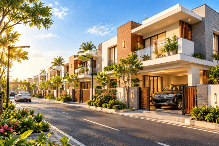 Modern gated community villas in Madurai with landscaped roads and private parking
