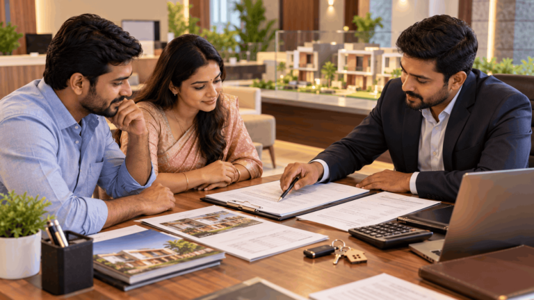 Homebuyer verifying villa booking agreement and payment receipt in Madurai