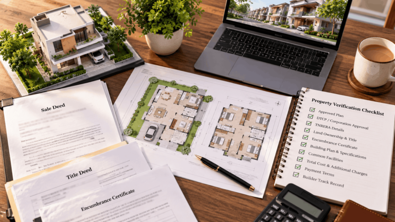 Villa floor plans and property documents being reviewed before buying a home in Madurai