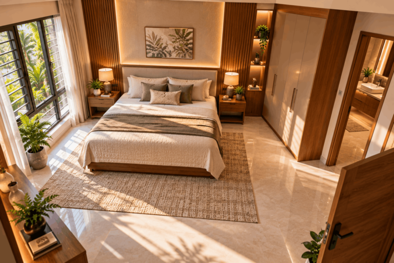 Bedroom layout showing practical bed direction and placement as per Vastu