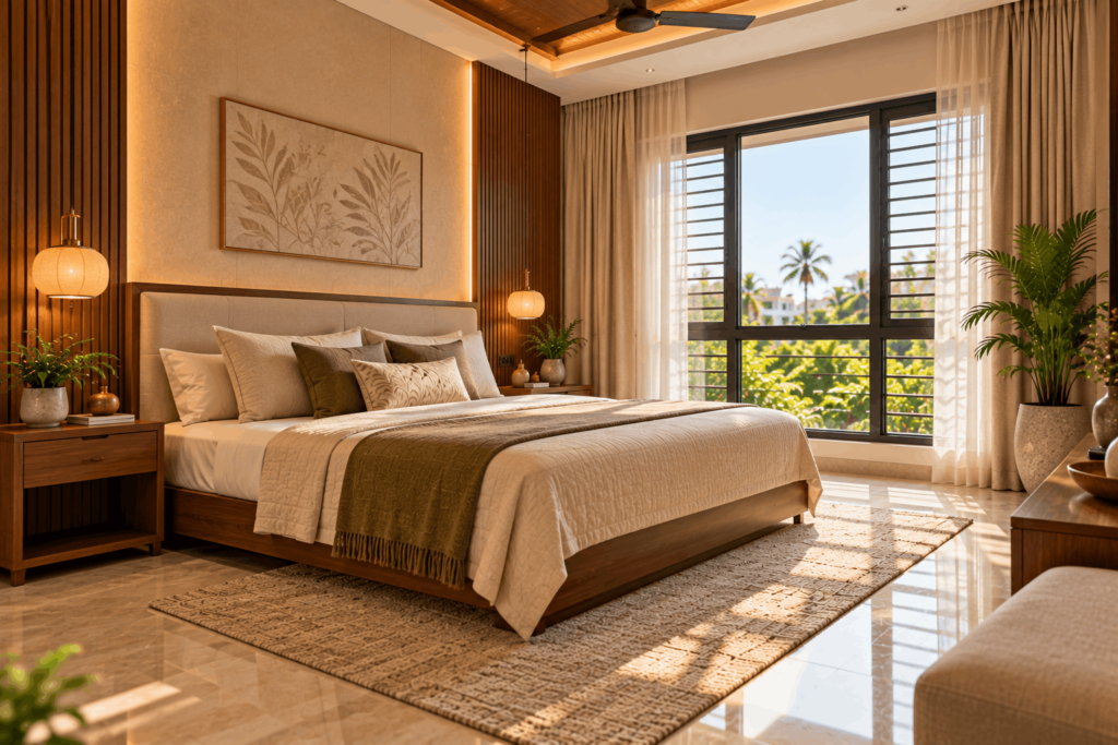 Bed position as per Vastu in a peaceful modern bedroom with a solid headboard wall