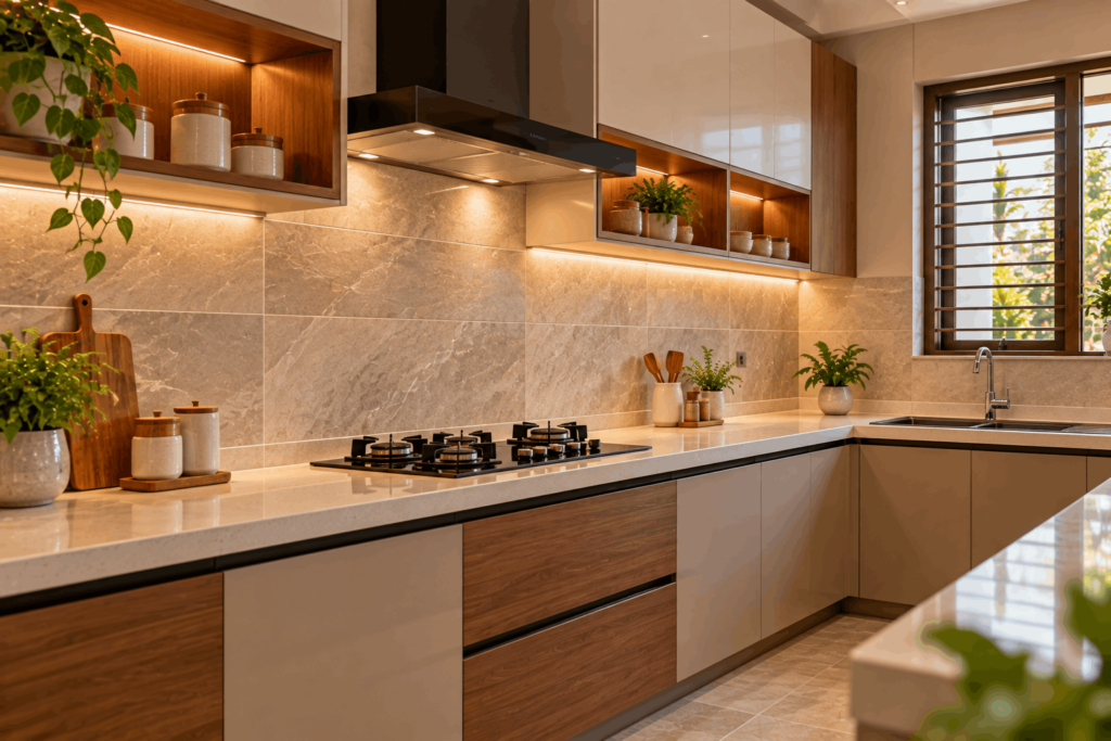 Modern kitchen dado tiles above the countertop in a Madurai home