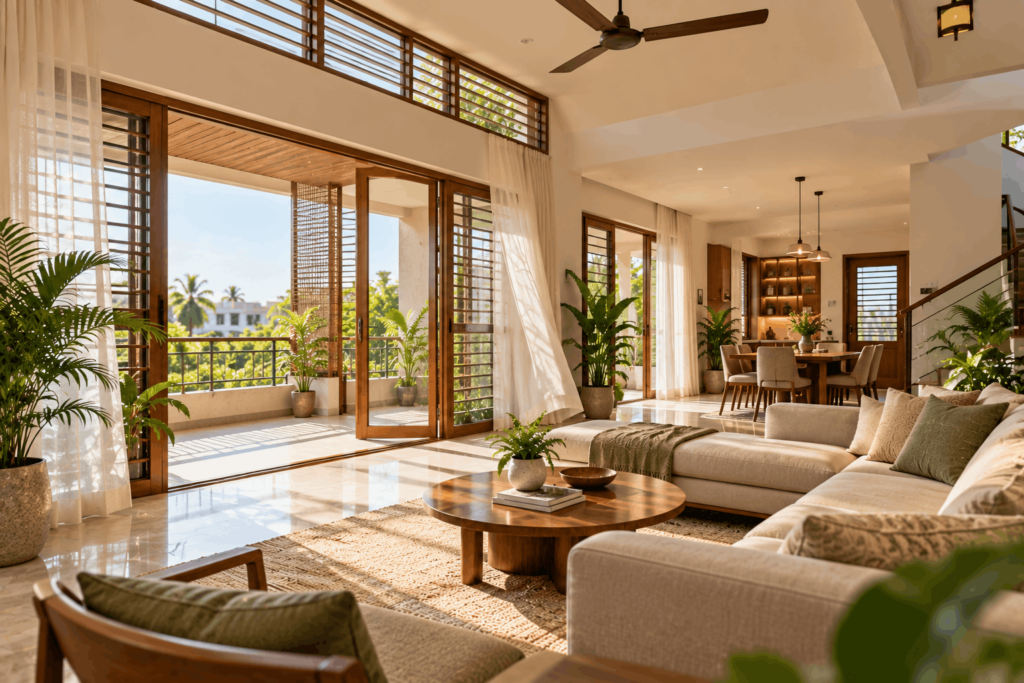 Home ventilation design with large windows and natural airflow in a modern Madurai home